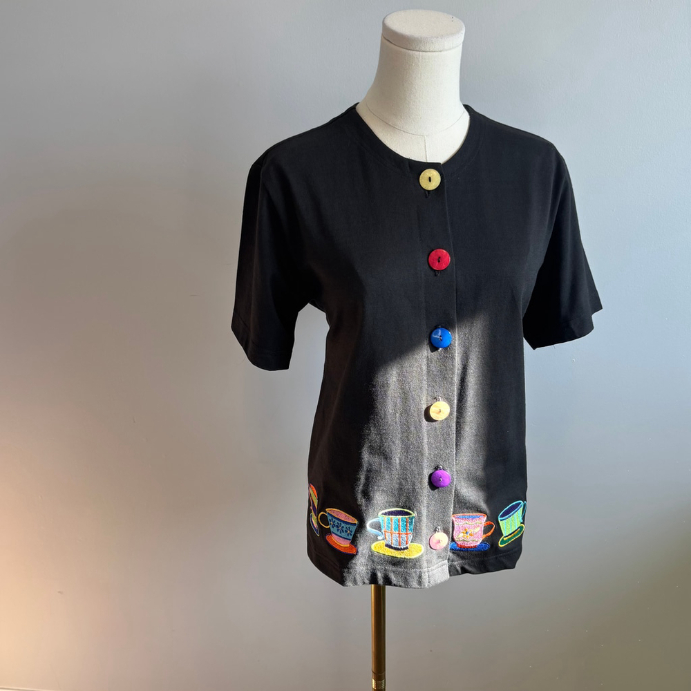 Bill & June Vintage Tea Cup Black Top, Sz M